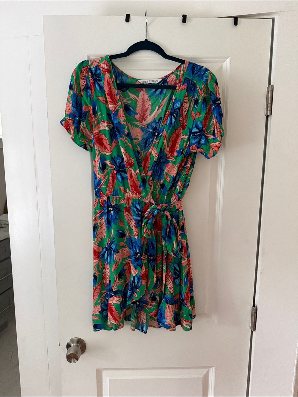 Zara Green Floral Mini Dress with Blue & Pink Accents